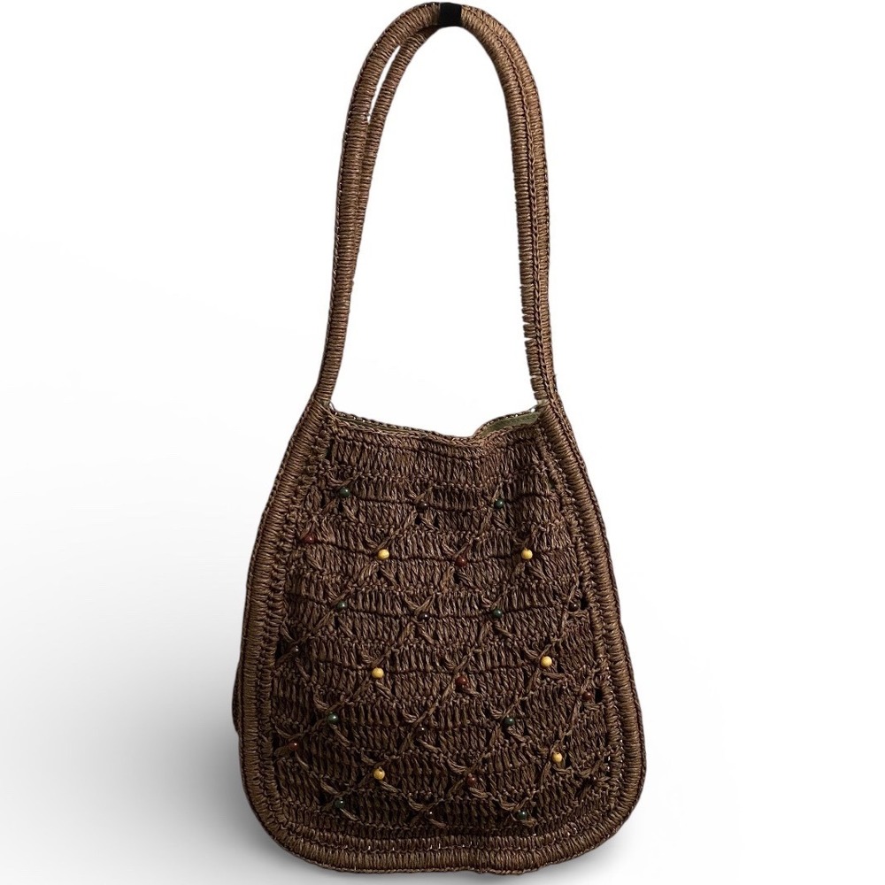 Talbots‎ 100% Paper Straw Dark Brown Crochet Beaded Rattan Handbag